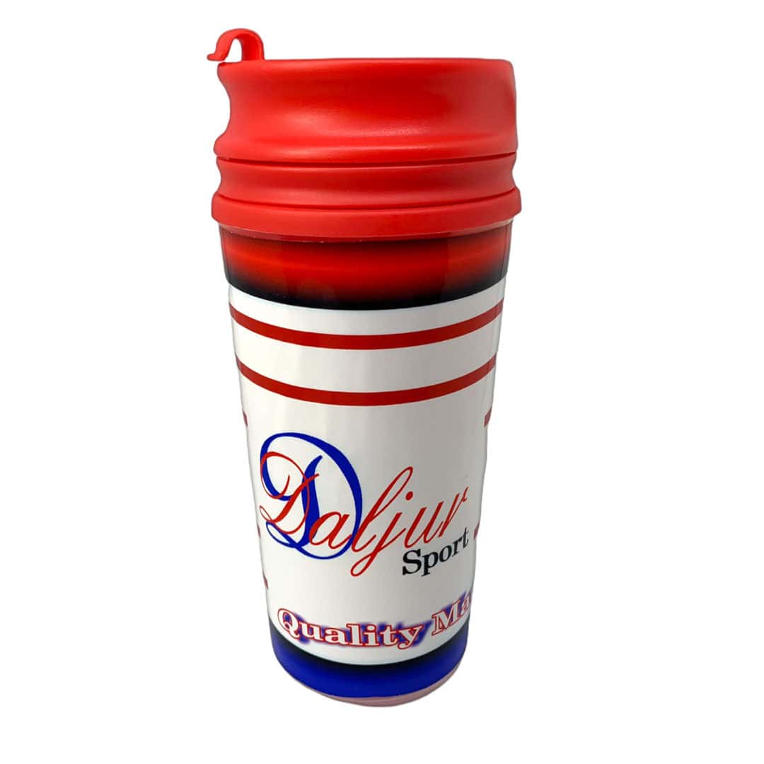 A red and white cup with the lid up.