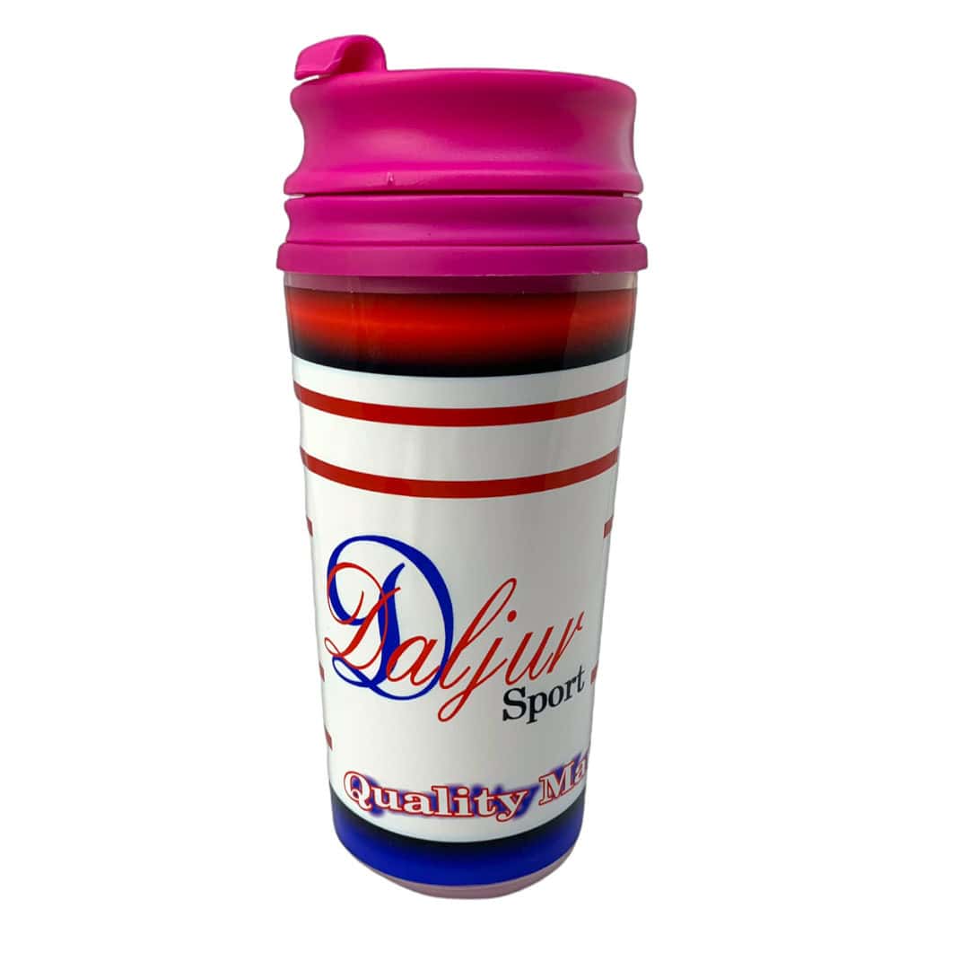 A pink cup with a lid and a drink bottle.