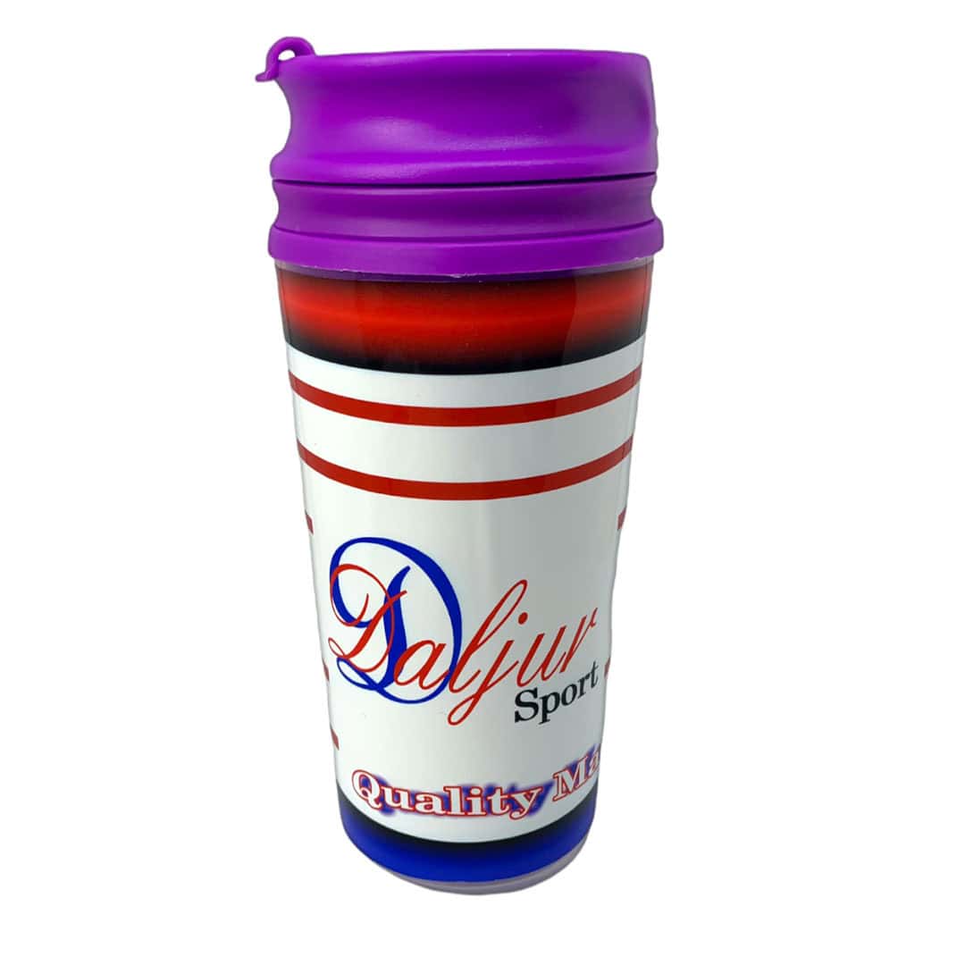 A purple cup with the lid up.