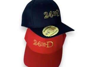 A black and red hat with the words " 2 4 / 7 " on it.