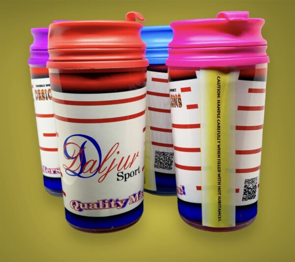 A group of coffee cups with different colored lids.