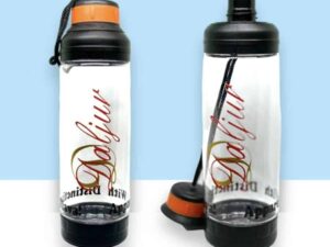 Two bottles of water with a black cap and orange lid.