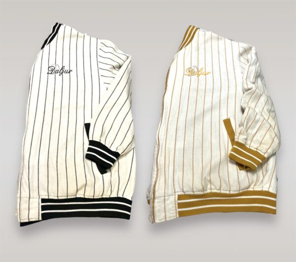 Two jackets are shown side by side, one of them black and white.