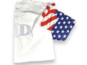 A white shirt with an american flag on it.