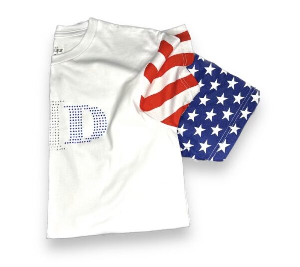 A white shirt with an american flag on it.