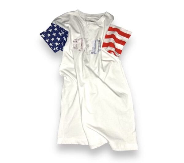 A white shirt with an american flag on it.