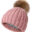 A pink hat with a brown pom-pom on top of it.