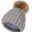 A gray hat with a brown pom-pom on top of it.