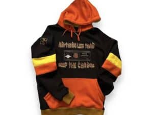 A black and orange hoodie with an image of the fire department.