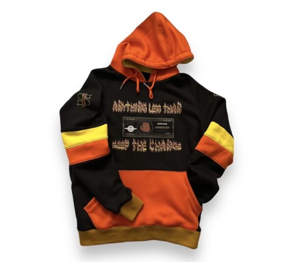 A black and orange hoodie with an image of the fire department.