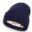 A navy blue beanie with a white lining.